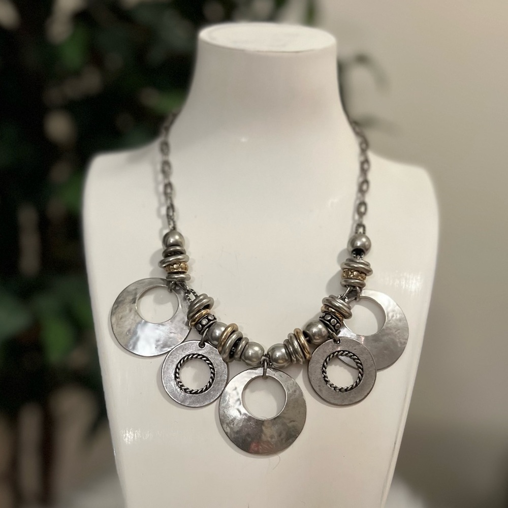 Silver Disk Pendant Statement Necklace - image 1